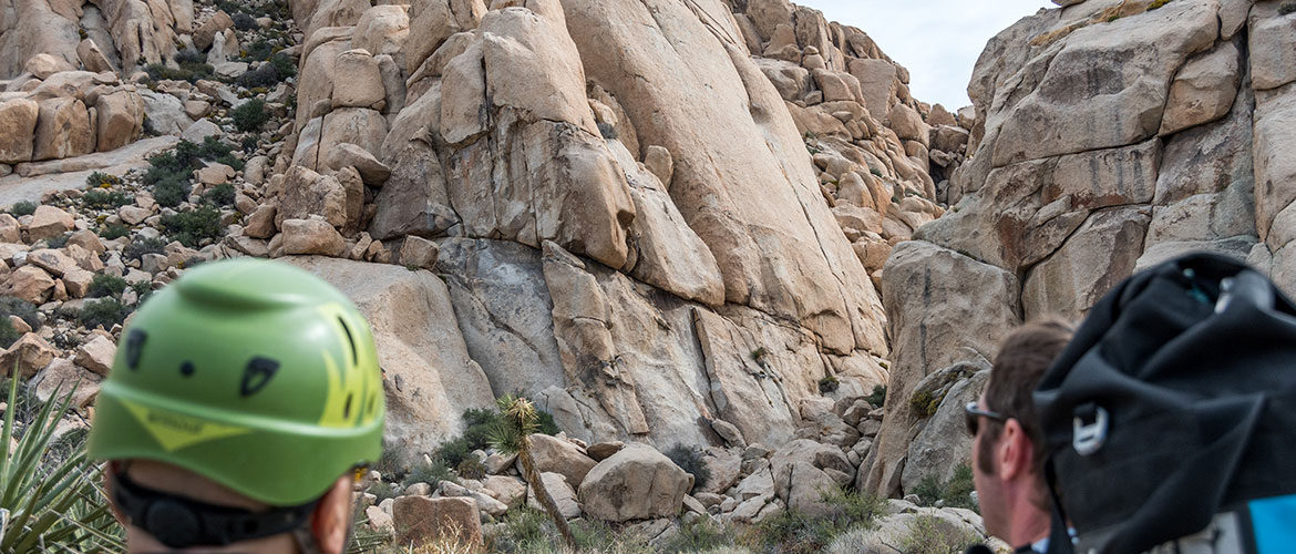 Climbers looking at the Comic Book in Joshua Tree National Park