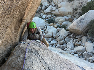 Mat-Saddle-Rocks-Triple-317x237 Climber on second pitch of right on in Joshua Tree National Park