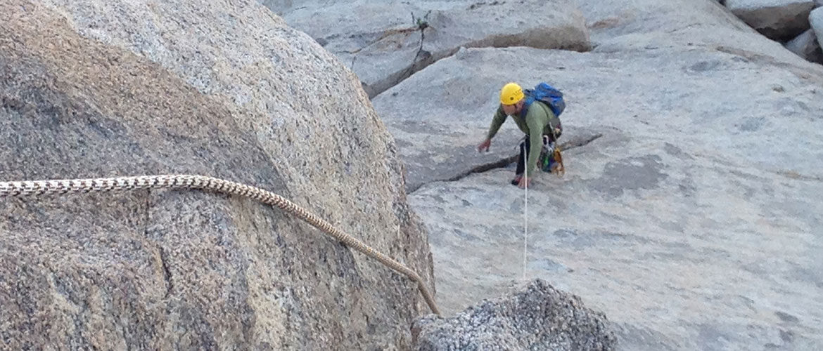Climber on first pitch of right on in Joshua Tree National Park