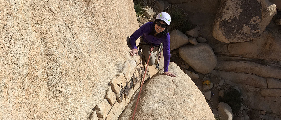Climber on 39 Steps 5.4 in Joshua Tree National Park