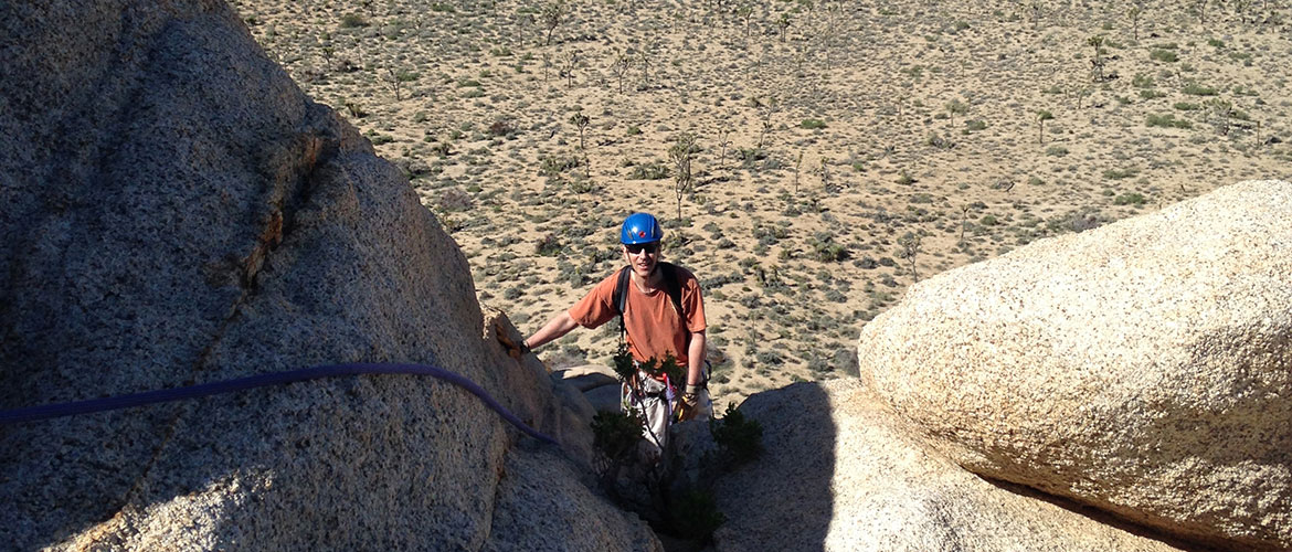 Climber on Mary Worth Buttress in Joshua Tree National Park