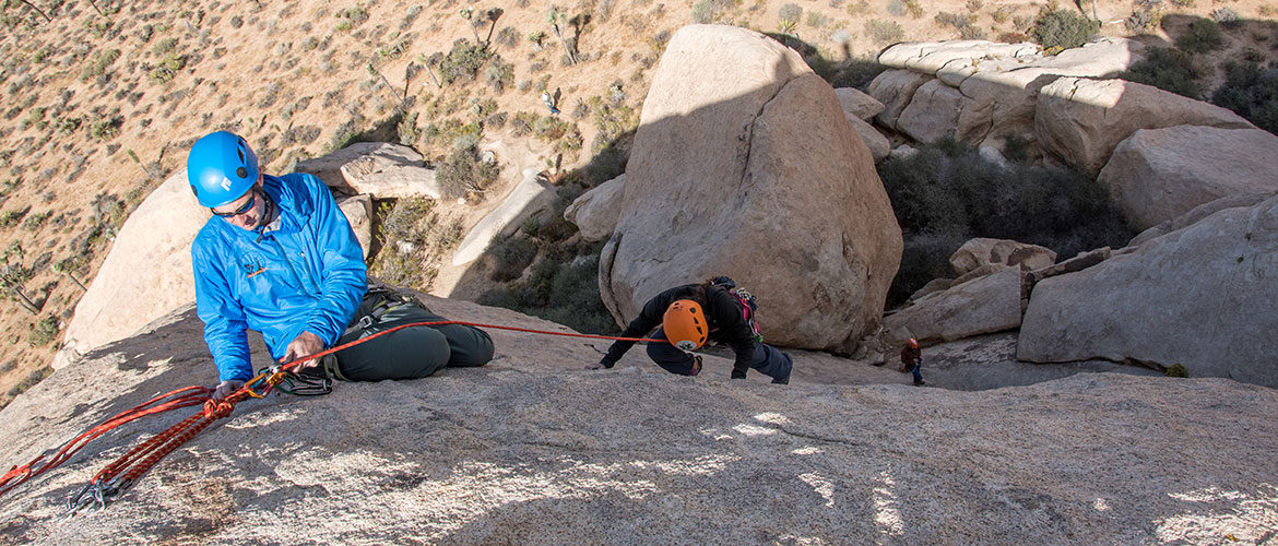 top managed belay on Watergate Rock in Joshua Tree National Park